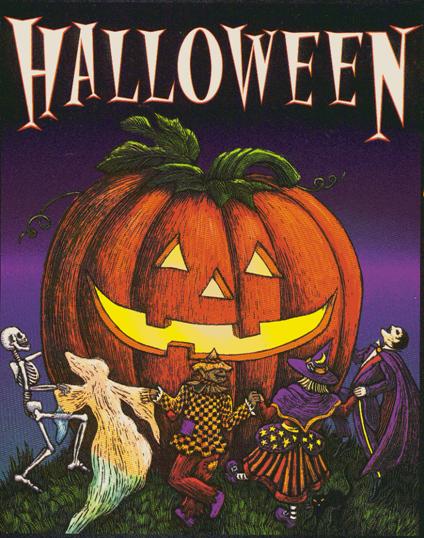Dibujo de Jack O’Lantern, alrededor del cual bailan los personajes de Halloween.